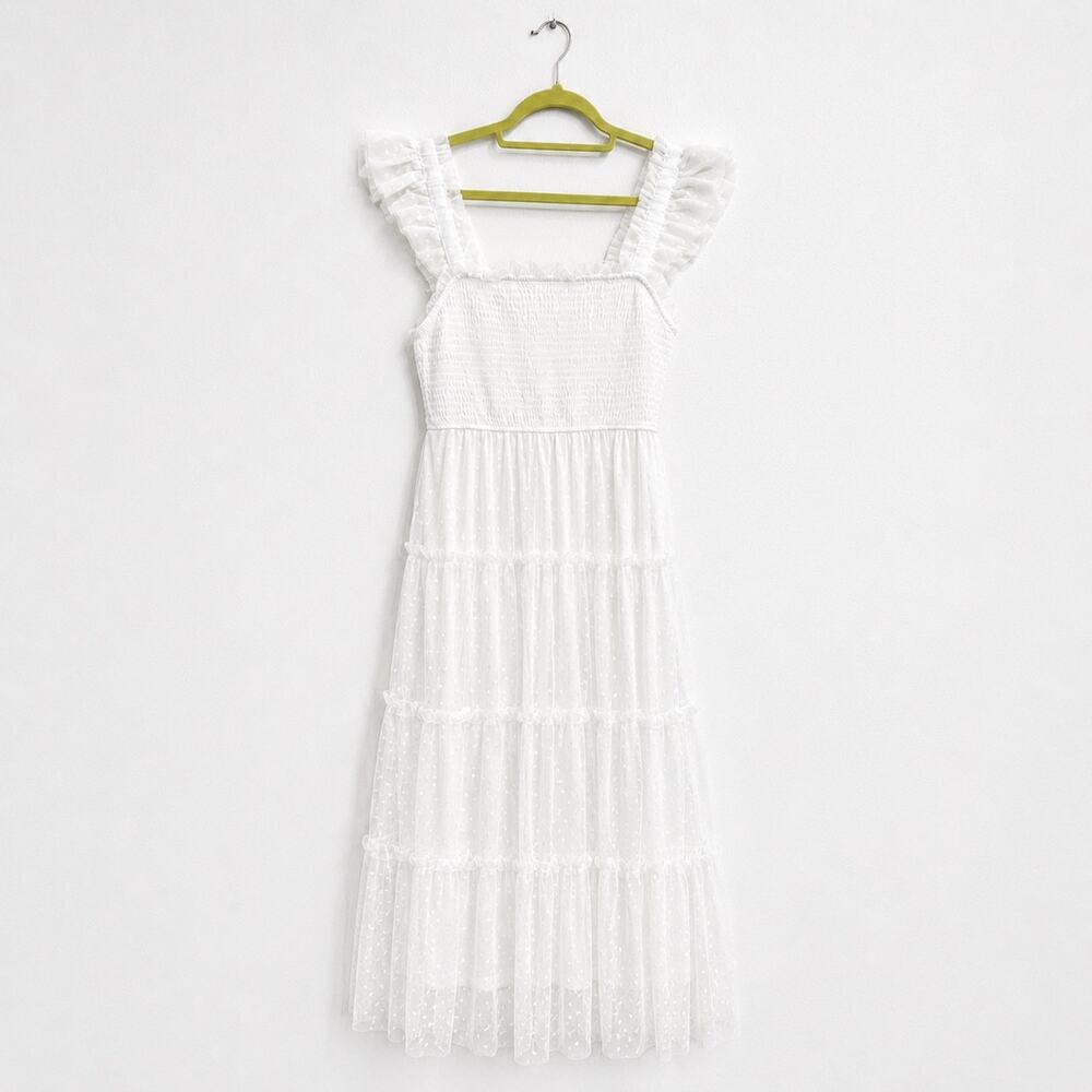 Blu Pepper White Swiss Dot Tulle Tiered Maxi Dress Sz S - Picture 2 of 11